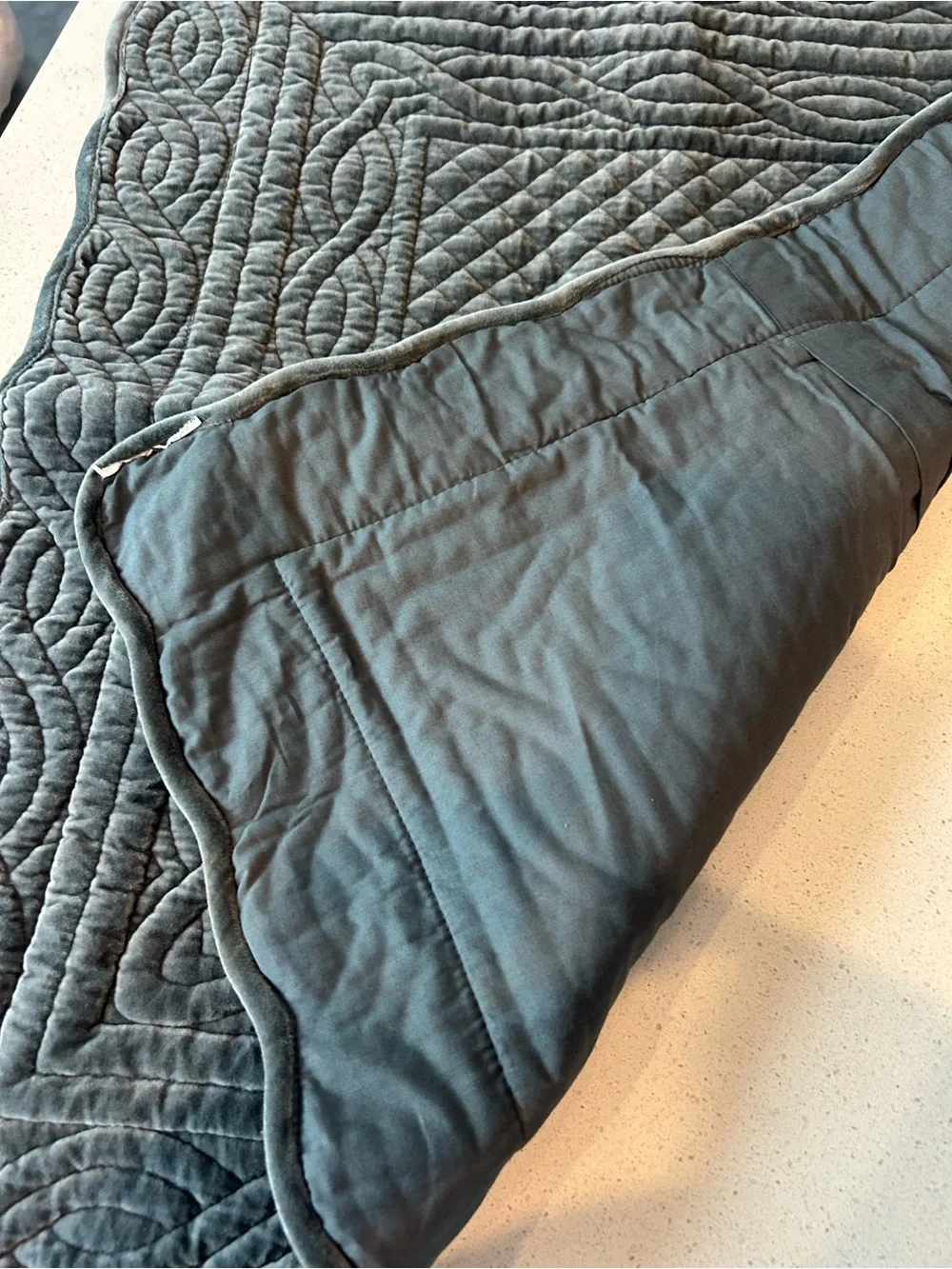 Pottery Barn Velvet Heirloom Quilted Sham Standard Steel Blue NWOT